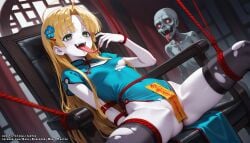 1girls ahoge ai_generated asia_argento blonde_hair blood breasts dress female green_eyes hell-pantsu high_school_dxd long_hair maebari partially_visible_vulva pussy restrained rope sitting small_breasts solo spread_legs thighhighs tongue tongue_out torn_clothes underboob vagina very_long_tongue