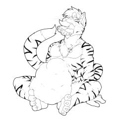 almost_fully_inside ambiguous_gender anthro belly big_belly claws duo feet felid fur hair head_first hi_res jewelry male male/ambiguous mammal necklace necklace_only nude nude_pred oral_vore pandottermon pantherine sitting striped_body striped_fur stripes tail tiger vore whiskers