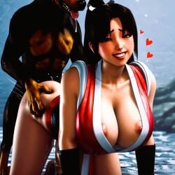 ai_generated areolae brown_hair doggy_style huge_breasts interspecies mai_shiranui nipple_slip snk street_fighter_6 zoophilia