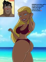 1girls 1guy background beautiful best_girl big_ass big_breasts blonde_hair boyfriend chris_kent crushing dc dc_comics dcau dialogue djpaint96-ii girlfriend jon-al justice_league justice_league_unlimited karen_starr karen_starr linda_danvers sea summer supergirl superprime_(dc) swimsuit young_justice young_justice_unlimited