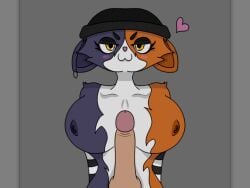 1boy 1girls :3 anthro arms_behind_back armwear beanie breasts ear_ring female fortnite fortnite:_battle_royale furry heart male/female meow_skulls_(fortnite) meowskulls multicolored_fur nipples orange_fur penis purple_fur white_fur