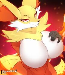 1girls 2023 anthro arm_under_breasts artist_name big_breasts black_nose bunnemilk cheek_tuft chest_tuft delphox eyebrows facial_tuft featureless_breasts female female fur generation_6_pokemon half-closed_eyes hand_on_breast hi_res inner_ear_fluff multicolored_fur narrowed_eyes nintendo pokemon red_body red_eyes red_fur smile solo text tuft white_body white_fur yellow_body yellow_fur