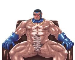 balls bara beard boner erection facial_hair genta_iwayama male male_only matt_(pokemon) muscles muscular nintendo nude penis pokemon sitting solo solo_male sweat sweating