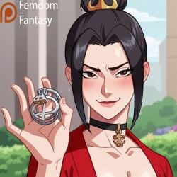 1girls ai_generated another avatar_legends avatar_the_last_airbender azula cage chastity cocky device dominant domination dominatrix female femdom femdomfantasyai fire_nation locked malesub nickelodeon offering only slave smile solo submissive_male to viewer