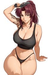 1girl big_breasts black_lagoon black_tank_top black_thong bottomwear breasts brown_hair cetta_(cettadvd) cleavage female female_only gun hair holding_weapon huge_breasts ponytail revy solo solo_female tank_top tattoo tattoo_on_shoulder thick_thighs thighs thong topwear weapon yellow_eyes