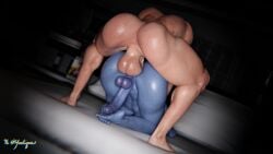 3d anal_sex asari big_balls femshep futa_on_futa futa_only futanari mass_effect muscular_futanari on_bed penis_on_feet yeetiques