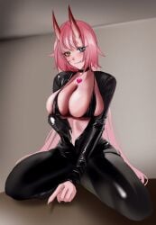 bodysuit breasts choker claws embarrassed female heart heterochromia highres large_breasts latex latex_bodysuit latex_bra oni pink_hair pointy_ears sewwuu sewwuu_(character) smug