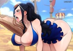 blowjob clothing female kamekuzu kameseru male nico_robin one-piece_swimsuit one_piece tongue_out tongue_out_blowjob