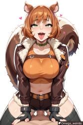 1girl1boy ahe_gao ahe_gao ahegao_face ai_generated animal_girl big_breasts blush brown_hair collar cowgirl cowgirl_position female freckles green_eyes jacket jacket_open marvel marvel_rivals omega_weirdo patreon pleasure_face pleasured_face pov sex short_hair squirrel_ears squirrel_girl_(marvel) squirrel_tail straddling superheroine