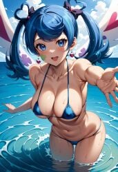 1girls ai_generated bikini blue_angel blue_hair blush female h_madoka looking_at_viewer navel open_mouth pose purple_eyes smile solo sweat wings yu-gi-oh! yu-gi-oh!_vrains zaizen_aoi