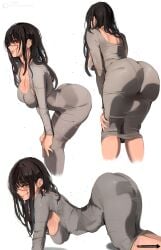 1girl absurdres all_fours alternate_costume ass black_hair breasts chainsaw_man cleavage commentary dongtan_dress dress from_side grey_dress highres lady_shin leaning_forward long_hair medium_breasts scar scar_on_face solo tight_clothes tight_dress yoru_(chainsaw_man)