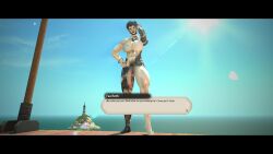 3d abs bikini_top black_hair bushy_pubes dialogue final_fantasy_xiv fit_futanari futanari gpose(ffxiv) hairy_balls jacob's_ladder large_breasts large_penis original_character pale-skinned_futanari pubic_hair public public_nudity roegadyn roegadyn_futa short_hair sirejay six_pack solo_focus solo_futa tattoos