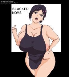 aoi_sakamoto apron big_ass big_breasts blacked blacked_clothing callister chubby chubby_female cleavage cuckolding huge_breasts large_hips middle_finger milf mother motherly_cuckold pixel_art sakamoto_aoi sakamoto_days solo solo_female