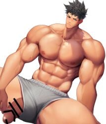 1boy abs absurd_res bara beefy biceps big_areola big_breasts big_penis black_hair blue_eyes blush boxer_briefs breasts broad_shoulders censor_bar censored censored_penis collarbone embarrassed foreskin foreskin_folds frown gay half-erect hand_on_leg hi_res huge_breasts huge_cock hunk long_penis looking_at_viewer male male_breasts male_only manly mature_male meisho_hanten muscles muscular muscular_arms muscular_legs muscular_male muscular_thighs navel oppai original original_character pecs penis_out pissed_off pointless_censoring quadriceps retracted_foreskin short_hair sitting six_pack spread_legs thick thick_arms thick_neck thick_penis thick_thighs topless tough_guy triceps uncircumcised uncut underwear_only veiny_arms veiny_penis very_high_resolution white_background yaoi