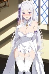 bewitching_thighs emilia_(re:zero) hourglass_figure huge_breasts lewd nervous wedding_lingerie