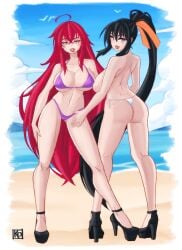 2girls ahoge akeno_himejima antenna_hair beach big_ass bikini black_hair blush couple crimson_hair female_only hair_ribbon hand_on_another's_leg heels high_school_dxd kuroi_oni large_breasts lesbian light_skin orange_ribbon outdoors ponytail rias_gremory sky_blue_eyes very_long_hair violet_eyes voluptuous yuri