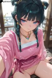 1girls ai_assisted blue_eyes bottomless clowenqq earrings female female_focus female_only from_above green_hair hi_res jewelry kusuriya_no_hitorigoto looking_at_viewer makeup maomao_(kusuriya_no_hitorigoto) necklace no_panties pussy_lips selfie sitting solo solo_female solo_focus thick_thighs thighs uncensored