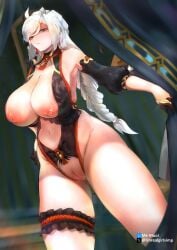 big_breasts breasts digital_media_(artwork) erect_nipples female female_focus female_only genshin_impact hi_res highres huge_breasts indoors large_breasts light-skinned_female light_skin long_hair looking_at_viewer medium_breasts nipples pussy pussy_juice shenhe_(genshin_impact) standing thick_thighs thighs white_hair wide_hips young younger_female