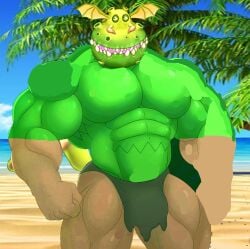 1boy bara beach biceps brown_arms brown_legs buff bulge bulge_through_clothing bulge_through_swimsuit edited edited_image edited_official_artwork ethereal_workshop green_body green_skin leaf leaves male male_only muscular muscular_male muscular_male_only my_singing_monsters palm_leaf palm_tree pecs sand sexy swimsuit thong water x'rt_(my_singing_monsters)