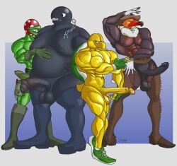 4boys abs accipitriform anthro avian balls belly big_balls big_belly big_biceps big_muscles big_pecs big_penis bird black_body black_glans black_penis boots brown_body chain_chomp chains chaps clothed clothing cowboy_hat digital_media_(artwork) elemental_creature fat fat_belly fingerless_gloves flexing flora_fauna footwear footwear_only foreskin gardening_tools gay genitals glans gloves green_body green_penis group hand_on_another's_belly handwear hat headgear headwear hi_res huge_balls huge_cock huge_muscles klepto_the_condor koopa koopa_the_quick koopa_troopa krowbutt leg_bag legwear male mario_(series) moobs mostly_nude muscular muscular_anthro muscular_male nintendo nipples obese obese_antho obese_male overweight overweight_anthro overweight_male pecs penis piranha_plant plant pose retracted_foreskin scalie shoes shovel simple_background size_difference sneakers super_mario_64 tail thick_thighs tools underwear unretracted_foreskin vein veiny_penis vulture yellow_body yellow_glans yellow_penis