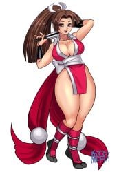 breasts brown_eyes brown_hair cleavage fan fatal_fury female large_breasts long_hair mai_shiranui no_bra no_panties no_underwear ponytail revealing_clothes shiranui_mai smile snk solo tagme the_king_of_fighters tokisige