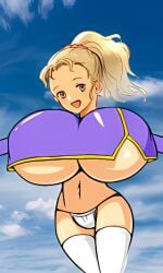 ai_upscaled big_breasts bimbo blonde_hair breasts enormous_breasts final_fantasy final_fantasy_five gigantic_breasts hips huge_breasts huge_hips hyper_breasts krile_mayer_baldesion large_breasts looking_at_viewer massive_breasts outdoors outside panties ponytail princess revealing_clothes revealing_clothing round_breasts royalty short_stack shortstack sky sky_background thighhighs thong underboob upscaled white_panties white_thighhighs white_thong wide_hips