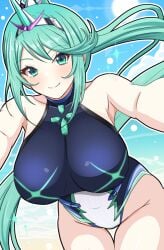 1girls big_breasts black_one-piece_bikini blue_background border commission cowboy_shot daiichi_(1279220) green_eyes green_hair high_ponytail high_res long_hair nintendo one-piece_bikini pneuma_(xenoblade) ponytail skeb_commission swimsuit very_long_hair watermark white_border white_one-piece_bikini xenoblade_(series) xenoblade_chronicles_2