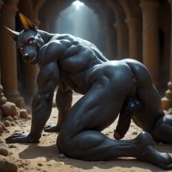 absurd_res ai_generated all_fours anthro anubis anus balls bedroom_eyes biceps black_body black_penis bodily_fluids canid canine canis deity egyptian_mythology furry genital_fluids genitals hi_res humanoid_genitalia humanoid_penis jackal looking_at_viewer looking_back male mammal muscular muscular_anthro narrowed_eyes penis pink_eyes seductive solo teasing vlrgromns