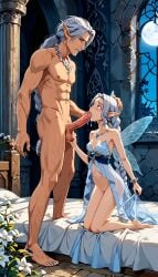 ai_generated before_transformation blowjob fairy fairy_queen_lumina fairy_wings looking_at_another on_bed original_character sexy silver_hair terror139 werewolf