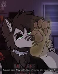 4_toes alternative_fashion anthro arctic_wolf auto_foot_sniff auto_foot_worship bedroom bite biting_lip black_body black_fur black_hair black_lipstick black_nail_polish canid canine canis caption_box claws clothing collar dare_spiritmoon darefloofy digital_drawing_(artwork) digital_media_(artwork) dirty dirty_feet english_text eye_roll eyeliner eyes_rolled_up eyeshadow feet foot_fetish foot_focus foot_grab foot_on_face foot_sniffing fur goth green_eyes grey_body grey_fur hair hi_res lipstick makeup male mammal musk neck_tuft pawpads paws pink_pawpads plantigrade print_clothing print_shirt print_t-shirt print_topwear shaded shirt smelly smelly_feet snapchat sniffing soles solo spiked_collar spikes t-shirt text toes topwear tuft wolf