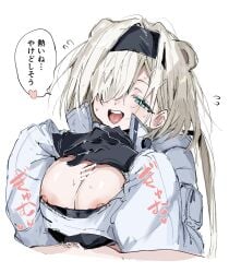 1boy absurdres animal_ears arknights aurora_(arknights) bar_censor bear_ears bear_girl black_gloves black_hairband blue_eyes blush breasts breasts_squeezed_together censored cleavage clothed_sex coat commentary_request female flying_sweatdrops gloves grey_hair hair_between_eyes hair_over_one_eye hairband highres large_breasts long_hair looking_at_viewer na_tarapisu153 nipple_slip nipples open_mouth paizuri paizuri_under_clothes penis simple_background smile solo_focus sound_effects speech_bubble straight sweat teeth tongue translated upper_body upper_teeth_only white_background white_coat winter_clothes winter_coat