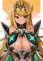 1girls bare_shoulders blonde_hair blush boob_window breasts breasts breasts_bigger_than_head cleavage cleavage_focus eye_contact female jewelry large_breasts long_hair looking_at_viewer massive_breasts mythra nintendo shoulders wavy_hair xenoblade_(series) xenoblade_chronicles_2 yellow_eyes yellow_hair yotsuhauni