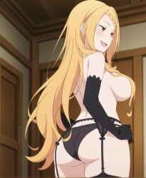 ai_generated back_view backboob bare_thighs big_ass big_breasts big_butt fat_ass garter_belt gigantic_ass huge_breasts huge_thighs light-skinned_female light_skin long_hair massive_ass massive_breasts orange_hair priscilla_barielle re:zero_kara_hajimeru_isekai_seikatsu red_eyes smiling solo_female squatting subaruarm sweat sweatdrop thick_body thick_female thick_thighs thighs voluptuous voluptuous_female