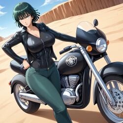 12kaneda12 1girls ai_generated desert fubuki_(one-punch_man) large_breasts leather_clothing leather_jacket motorcycle one-punch_man serious_look solo_female standing watermark