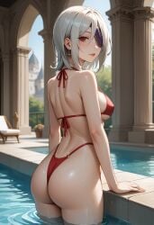 ass bikini curvy_female curvy_figure eyepatch female female_only gina_dickinson god_eater looking_at_viewer lying on_back pale-skinned_female pool red_bikini red_eyes short_hair small_breasts white_hair