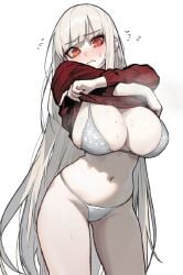 blunt_bangs blush bra breasts bright_pupils embarrassed female grey_hair habin_(rusellunt) highres large_breasts long_hair looking_at_viewer navel original panties red_eyes rusellunt simple_background solo string_panties sweat underwear undressing very_long_hair white_bra white_panties white_pupils