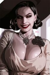 alcina_dimitrescu big_breasts black_flower black_hair black_hat bob_cut canine_teeth gold_eyes necklace pearl_earrings red_lipstick resident_evil resident_evil_8:_village smiling smiling_at_viewer vampire voidbringerr white_dress white_teeth