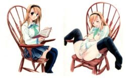 blonde_hair blush book breasts breasts_out chair fingering hand_in_panties highres masturbation medium_breasts nishiki_yoshimune pussy_juice shirt_lift sitting source_request spread_legs techgian thighhighs