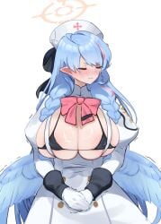 1girls blue_archive blue_hair blush breasts closed_eyes female female_only foxallium_(ariumu) gloves halo hat huge_breasts light-skinned_female light_skin mine_(blue_archive) nurse nurse_cap pointy_ears remedial_knights_(blue_archive) solo trinity_general_school_student white_gloves wings