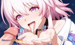 1boy 1girls after_fellatio ai_generated bangs bed bedroom black_choker blue_eyes blush cum cum_in_mouth cum_on_hands cum_on_tongue cum_string cupping_hands erection female hair_between_eyes honkai:_star_rail honkai_(series) hoyoverse march_7th_(honkai:_star_rail) mihoyo open_mouth own_hands_together patreon penis pink_hair solo_focus straight sweat tongue tongue_out uncensored wet zenaai