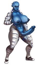 asari blue_skin cock_piercing futanari large_breasts large_penis marauder6272 mass_effect muscular_female nipple_piercing oc original_character partially_clothed piercings thick_thighs xevia_t'rali