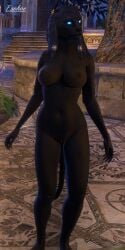 black_fur black_hair blue_eyes breasts breasts_out cat_ears cat_tail feline feline_humanoid female female_only fur furry glowing_eyes khajiit khajiit_female nipples nude nude_female outdoors outside standing the_elder_scrolls the_elder_scrolls_online