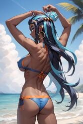 1girls abs ai_generated ass ass ass_focus back back_view bare_arms bare_legs bare_shoulders bare_thighs beach big_ass big_breasts big_butt bikini bikini_bottom bikini_top black_hair blue_eyes blush clothed clothing color dark-skinned_female dark_skin female female_focus female_only fit_female game_freak gym_leader hi_res large_breasts long_hair looking_at_viewer muscles muscular muscular_back muscular_female nessa_(pokemon) nintendo nipples_visible_through_clothing pokemon pokemon_ss pokemon_trainer sand sea solo solo_female tagme thick_thighs water