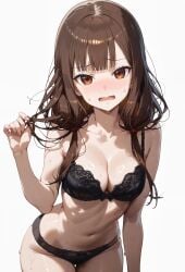 ai_generated bare_legs blush bra braided_hair brown_eyes brown_hair embarrassed huge_breasts huge_thighs iino_miko kaguya-sama_wa_kokurasetai_~tensai-tachi_no_renai_zunousen~ light-skinned_female light_skin looking_at_viewer mako_(artist) medium_hair oiled_body oiled_skin panties pantyhose solo_female squatting sweat sweatdrop thick_thighs thighs voluptuous voluptuous_female