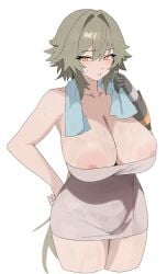 ammak blush breasts brown_eyes caesar_king caesar_king_(zenless_zone_zero) cleavage collarbone cowboy_shot female gammakamma green_hair hair_between_eyes large_breasts long_hair looking_at_viewer nipples parted_lips prosthesis prosthetic_arm sidelocks simple_background solo standing tomboy towel wet white_background zenless_zone_zero