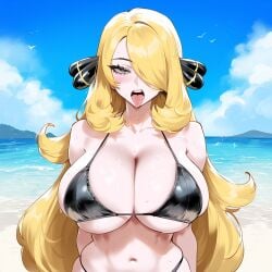 ai_generated beach big_breasts blonde_hair breasts curvy cynthia_(pokemon) day female grey_eyes huge_breasts human human_female large_breasts light-skinned_female light_skin long_hair massive_breasts narrow_waist ocean outdoors pokemon solo solo_female thick_thighs vaporeeoniteai wide_hips