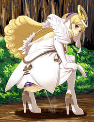 ar_tonelico ar_tonelico_ii ass blonde_hair blush chroche_latel_pastalie clothing elbow_gloves forest gloves gust hair_ornament high_heels highres hou_(hachiyou) long_hair looking_back nature no_panties peeing purple_eyes shoes squatting