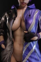 1girls 3d abs big_breasts black_jacket breasts female female_only jacket large_breasts muscular_female purple_jacket pussy reina_mishima solo_female tekken tekken_8 tongue_out unzipped_jacket vensaku