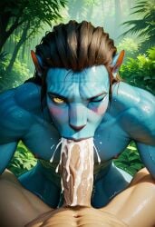 abs ai_generated alien avatar biceps big_penis black_hair blowjob blue_skin blush cum cum_in_mouth deepthroat ejaculation erection gay jake_sully looking_at_viewer male male/male male_only muscular muscular_male na'vi nipples nude_male pecs penis penis_in_mouth toned_body toned_male twall97 wink winking yellow_eyes