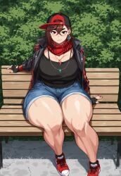 ai_generated ayase_momo brown_hair dandadan dark earrings eyes hourglass_figure huge_ass huge_breasts necklace outdoors scarf smirking thick_thighs